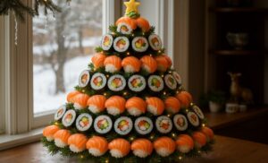 A sushi Christmas Tree for the Holiday Season - generated with AI