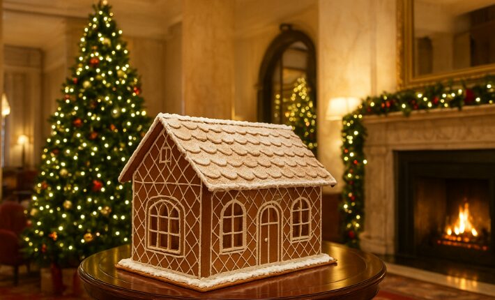 A gingerbread house in a lobby - generated with AI