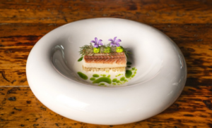 Dish with hot-smoked eel - fried brioche - chive mayonnaise and a champagne gel - credits Kim Kok Fotografie