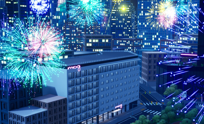 Fireworks above the Moxy in the Marriot Bonvoy Land Game