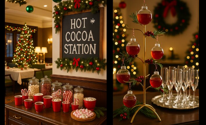 Hot Chocolate Station and a cocktail tree stand for the Holiday Season - generated with AI