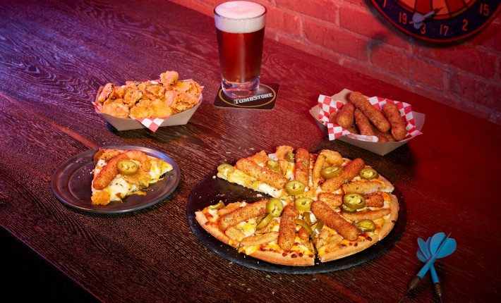 Tombstone Bar Snacks Pizza with mozzarella sticks - zesty fried pickles and onions
