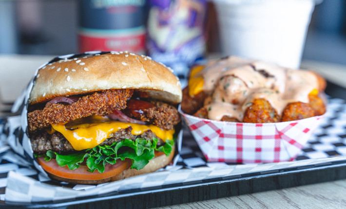 Vegan Burger and loaded tots at Malibu's Burgers - Oakland Vegan Trail